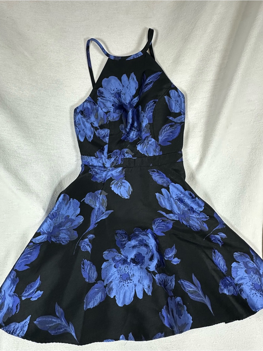 Avery G Aline formal cocktail dress with Bold Blue Floral Print and Halter Neck